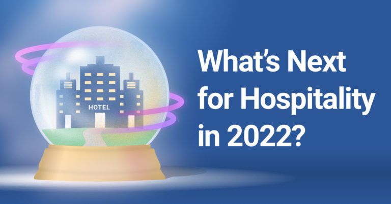 What's Next for Hospitality in 2022? - Illustration of a crystal ball with an image of a hotel in the center of it