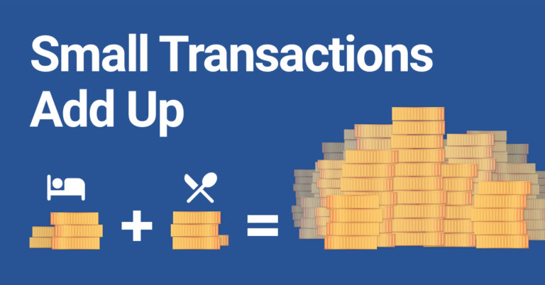Small Transactions Add Up - Illustration of a math equation with 2 small stacks of coins equaling a large stack of coins