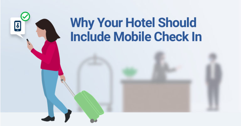 Why Your Hotel Should Include Mobile Check In - Featured Image - Graphic of a woman walking passed a hotel front desk while checking her phone