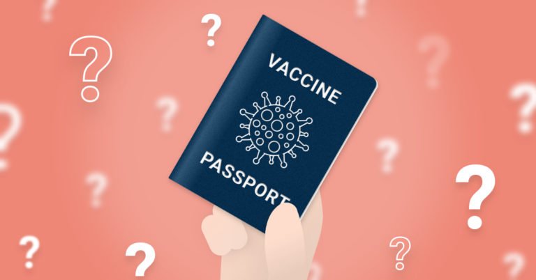 Vaccine Passport - Illustration of a hand holding up a Vaccine Passport on an orange background with white question marks